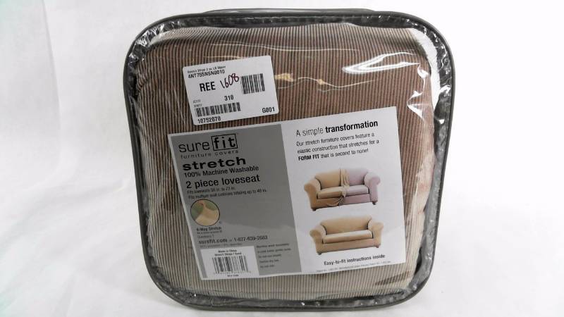lot 1608 image: Stretch Stripe 2 pc LS Sofa  Couch Slip Cover - Sand