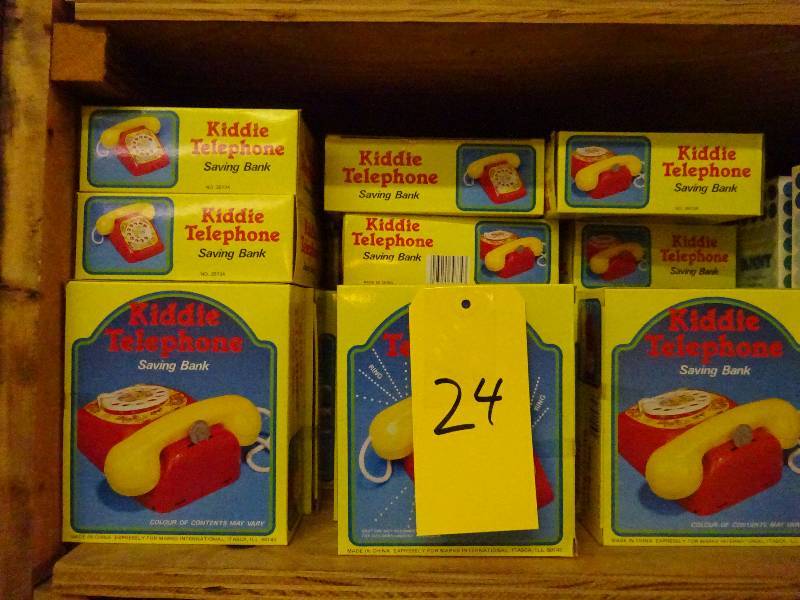 2 dz plus kiddie telephone banks, 3 walking dolls, dozen funny blinking turtles, 5 merry-go-rounds