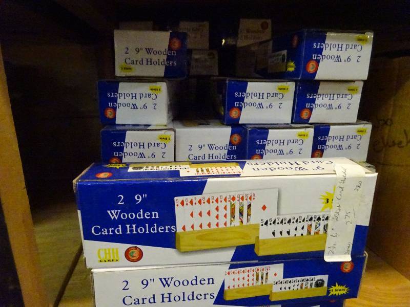 Lots of wooden card holders, case jumbo checkers, 2 cases ring toss game