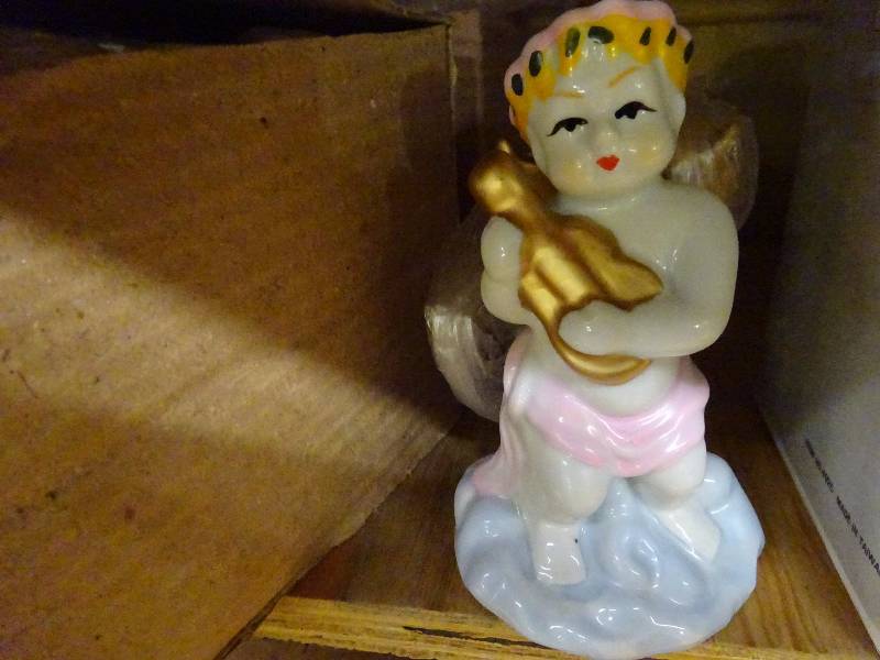 Doz porcelain cherubs, geese, case phone cars, case press-go mobile, 3 cases angel soap dish, case covered dish