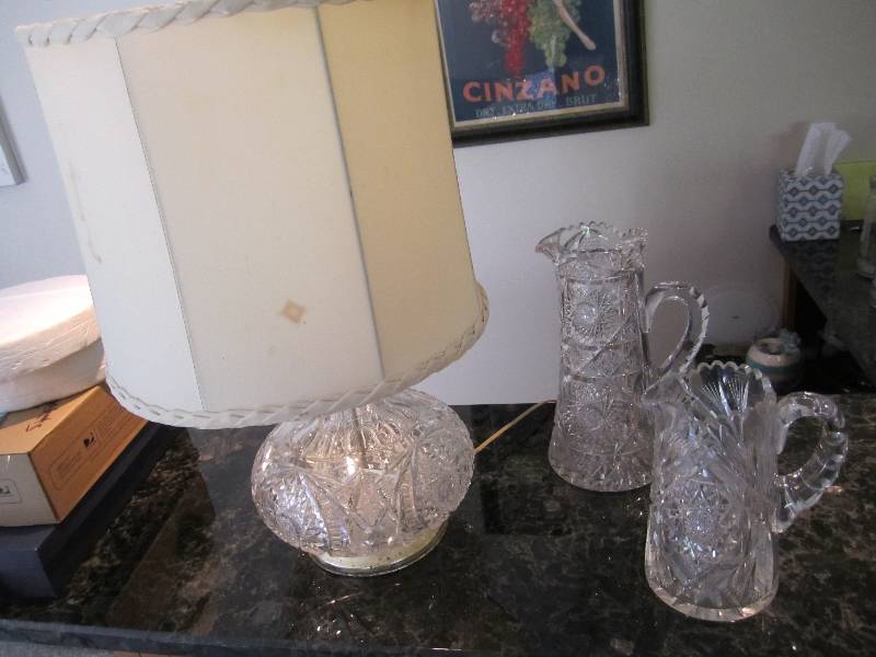 lot 12 image: Cut glass lamp pitchers and bowl, o...