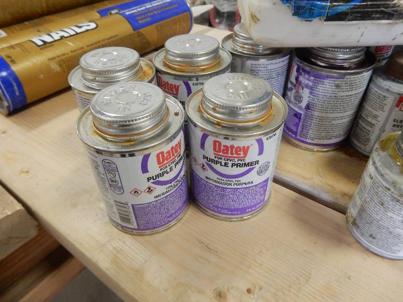 lot 99 image: Large lot of PVC glues, prep items and Jug of EVERBOND Adhesive