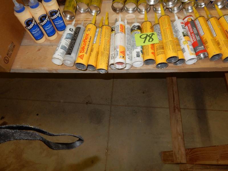 lot 98 image: Large lot of Tubed Sealants and 3 containers of Wood glue
