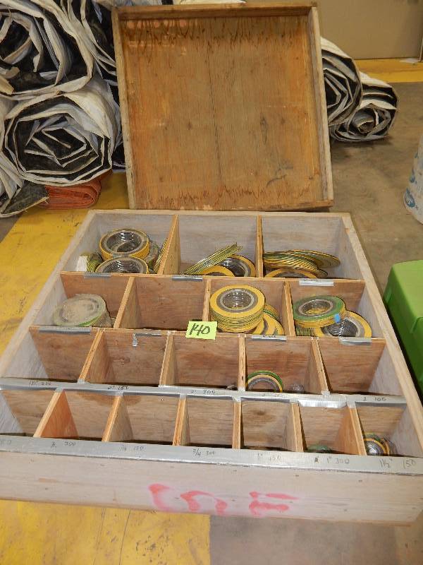 lot 140 image: Large Wood Box With Misc. Sizes of Flange Gaskets