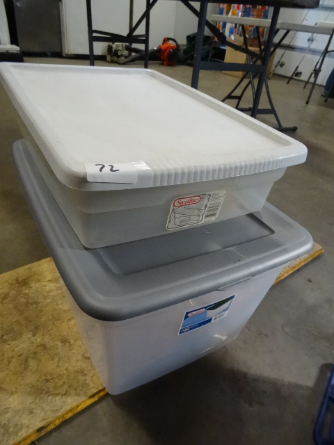 lot 72 image: 2 totes with lids. 58 qt and 28 qt...