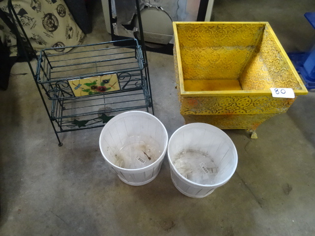 lot 80 image: 3 misc plant pots. 2 tier metal rac...