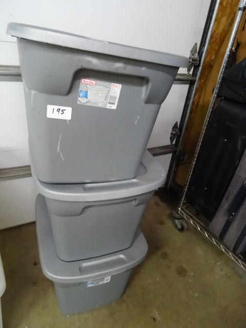 lot 195 image: 3 Rubbermaid totes. 18 gallon...