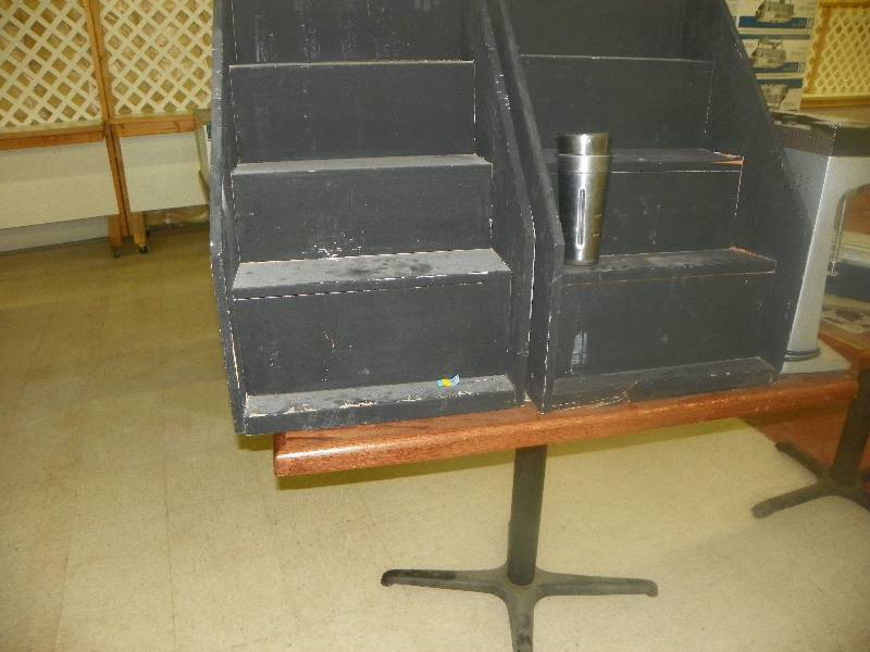 lot 86 image: Black wooden stepped shelfliquor station 20x20 x 30 tall and table with tile inlay 45.5 x 26