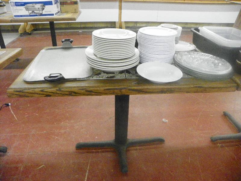 lot 89 image: Table with tile inlay 46 x 26 x 31 tall, includes all the kitchen wares sitting on it See pictures