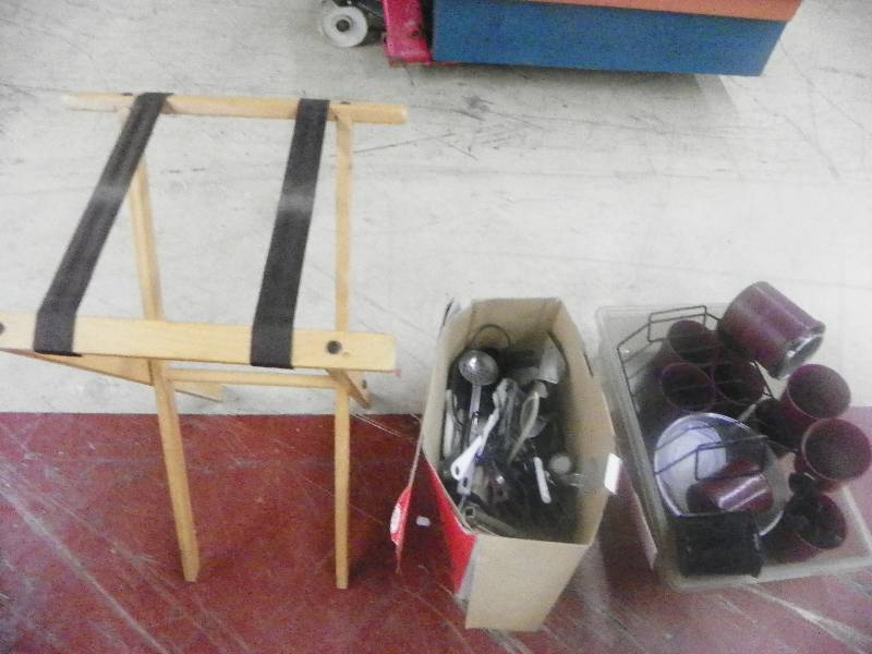 lot 96 image: Folding Tray stand, Salad bar items, utensils and insertscylinders