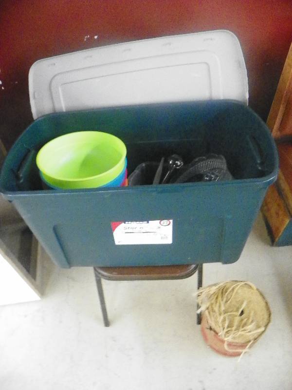 lot 99 image: Chair, tote of bowls and misc, spool of twine