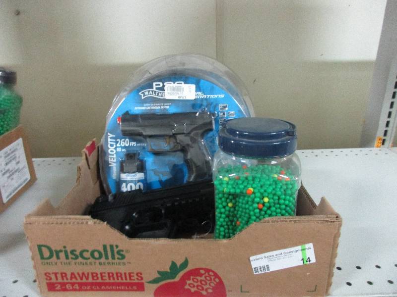 6 air soft pistols and 1 container of BBs