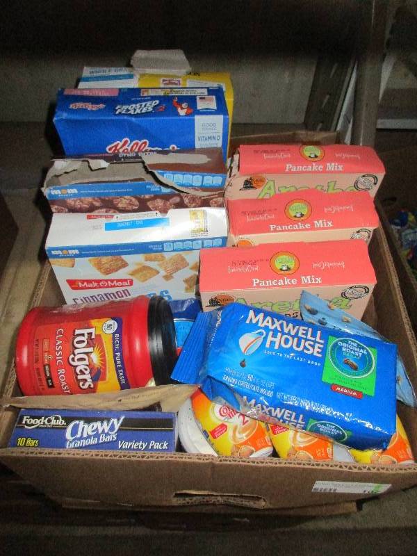 breakfast lot - coffee and creamer - cereal - pancake mix - oats