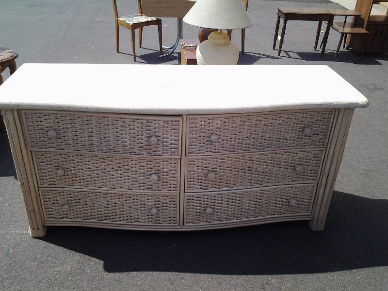 lot 2 image: Wicker Rattan Double Dresser With Marble Look Top 68x24x32 Has A Crack That Has Been Repaired, Includes Mirror 42x52