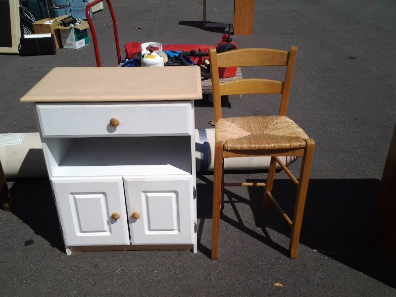 lot 10 image: White 2 Door Storage Cabinet With 1 Drawer 27x16x32, 36 Inch Chair With Rattan Seat 24 Inches