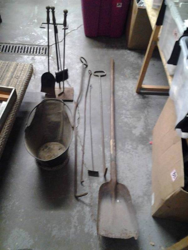 lot 16 image: Coal Pail & Fire Place Tools, Shovel & Old Hooks