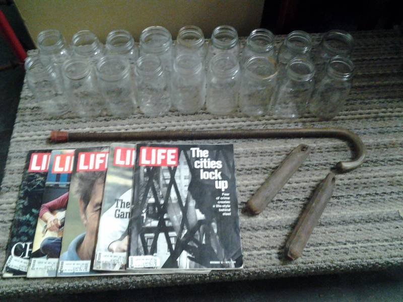 lot 24 image: Old Mason Jars, Life Magazines, Wood Cane, Old Window Weights