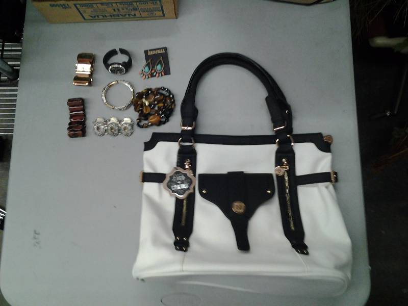 lot 28 image: New With Tags Coco & Carmen Purse With Shoulder Strap, Includes Some Jewelry & Ladies Watches