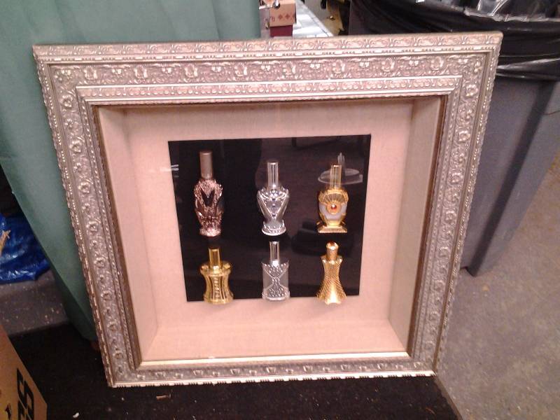 lot 33 image: Framed Fancy Perfume Bottle Shadow Box 28x28