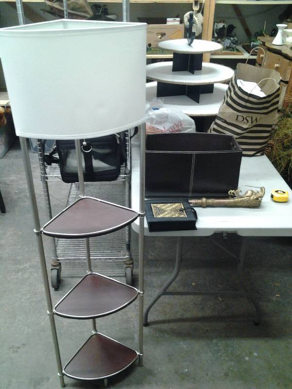 lot 35 image: Chrome Floor Lamp & Corner Shelf With Tote Bin, Fancy Asian Dragon Horn & Covered Box