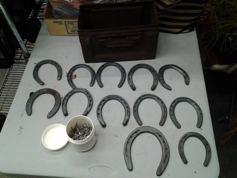 lot 48 image: Horse Shoes, Horse Shoe Nails, Ammo Box