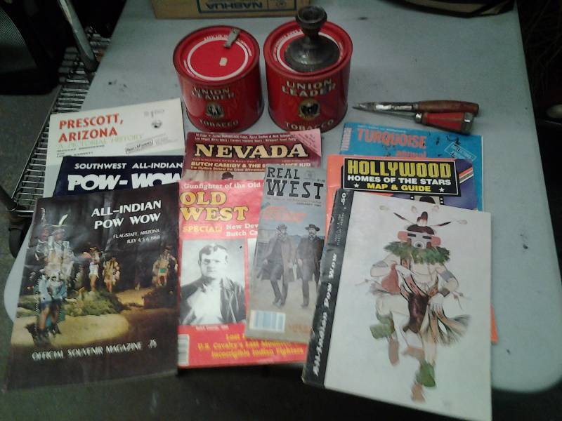 lot 49 image: Tobacco Tins, Magazines Of The West, Sterling Candle Holder, Ice Pick