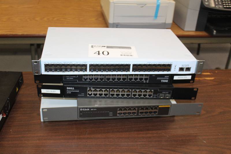 lot 40 image: Lot of (5) Rack-Mount Electronics Includes 1) 3COM Ethernet Switch AND 1) D-Link DSS-16 Ethernet Port AND 2) Dell PowerConnect 2724 Ethernet Switch AND 1) 3Com SuperStack3 Baseline 10100 Switch Plus Gigabit