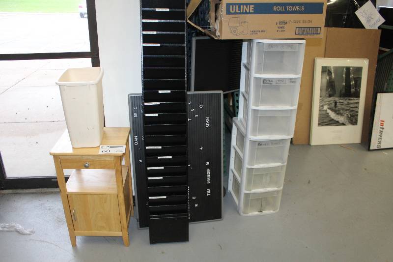 lot 60 image: Office Supplies Includes End Table, Garbage Can, Hanging File Folder, Hanging NumberLetter Board, Plastic File Cabinets