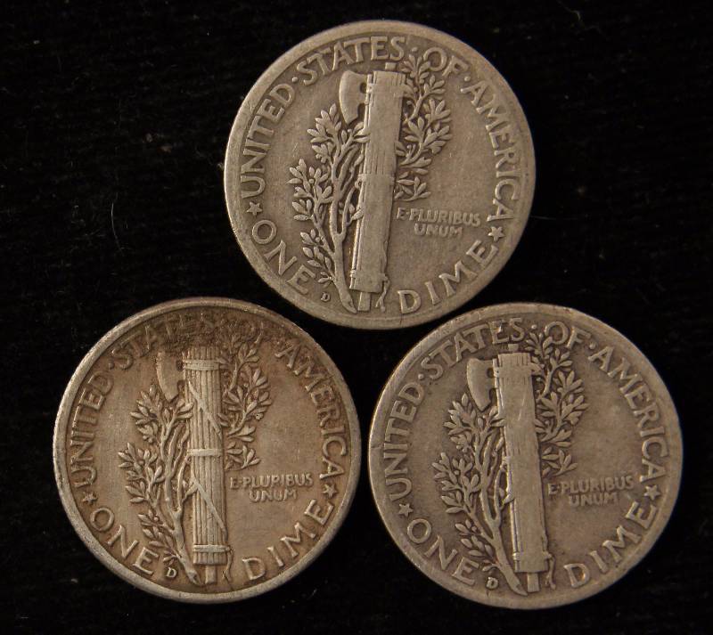 GROUP OF 3 MERCURY SILVER DIMES 1927D, 1941D, 1942D VF-XF