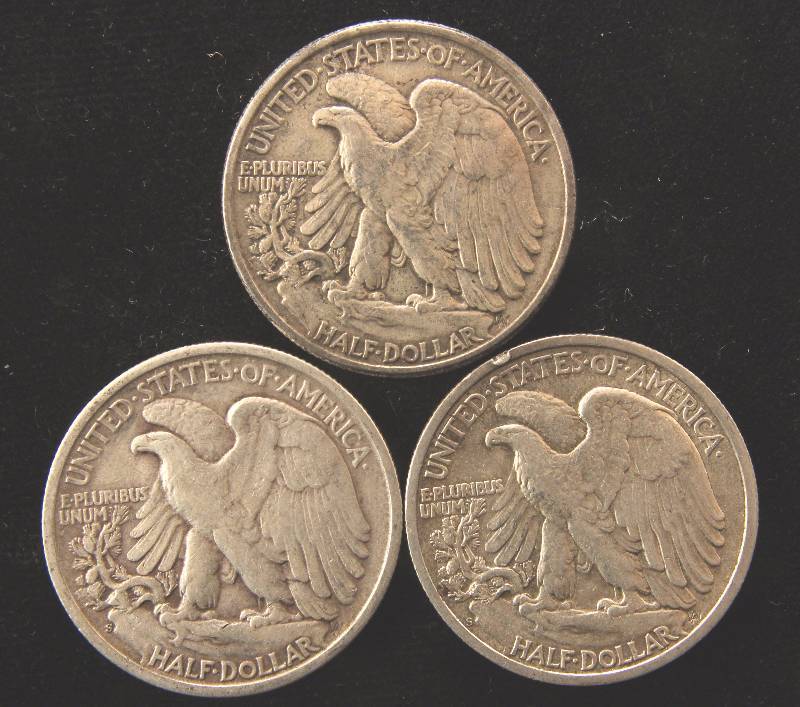 GROUP OF 3 WALKING LIBERTY SILVER HALF DOLLARS 1944P, 1945S, 1946S