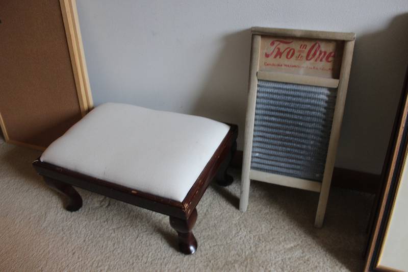 lot 89 image: Lot of (2) Furniture Includes Decorative Footstool, Vintage Sign