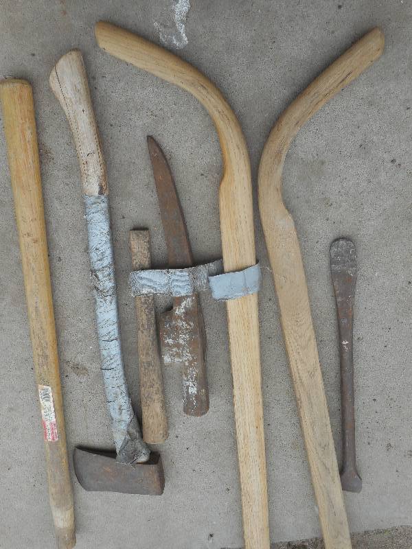 WOODEN WHEEL BARROW HANDLES AND PICK AXE END AND REG AX AND HANDLES