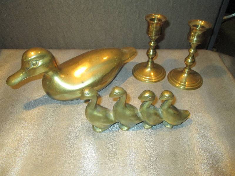Brass Duck, 2 Brass Candlesticks, D...