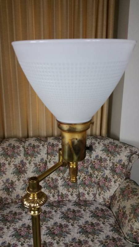 Vintage Brass & Wood Floor Lamp w Milkglass Shade