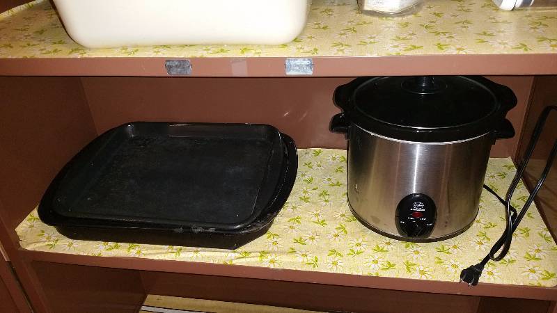 Metal Storage Cabinet, Crock Pot, Misc Kitchen Supplies, and More