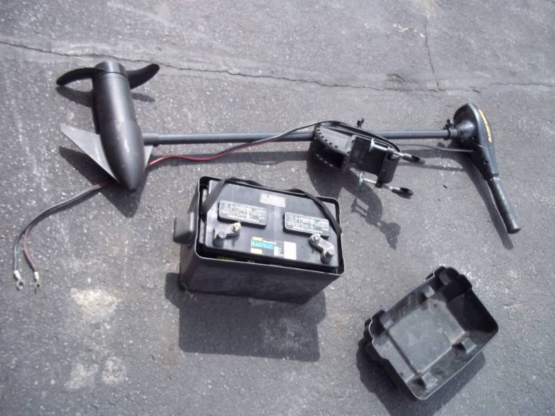 lot 10 image: Minn Kota transom mount trolling motor, Endure C2, 50# thrust, 42 shaft, 5 speed, has good battery and box.  Tested and works.