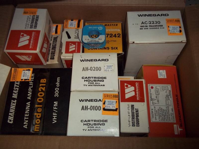 lot 77 image: Amps, Preamps, 2 way Splitter, Cartridge Houseing, Distribution Equip. Channel Master Winegard, Blonder Tongue, Antenna Equipment, See pics for more Details