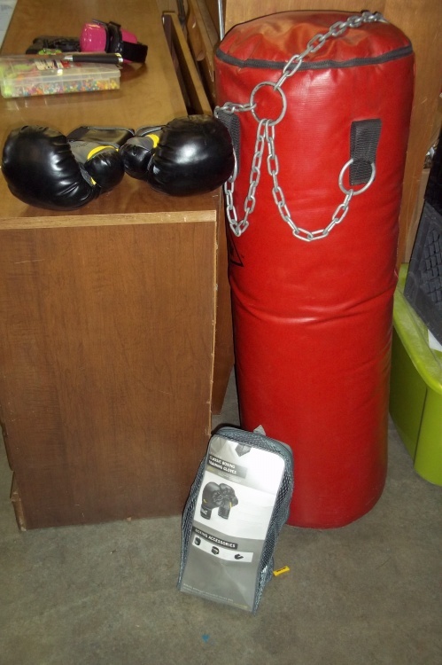 lot 135 image: Large Punching Bag with Gloves and Training Gloves