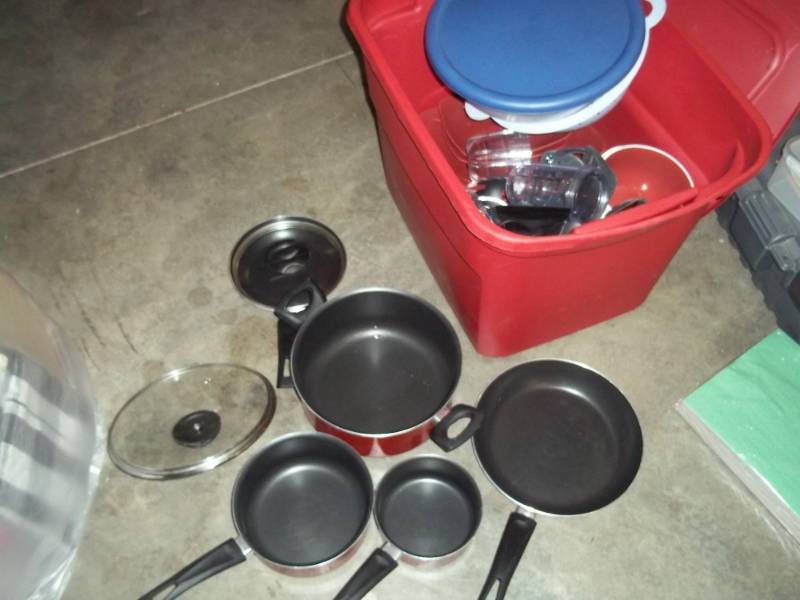 lot 159 image: Cooking Supplies with Tote includes Red Dishes Red Cookware and red silverware
