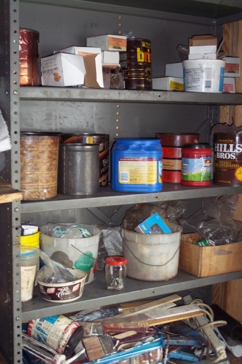lot 177 image: Shelf with top 5 shelves contents including hardware, painting supplies, etc
