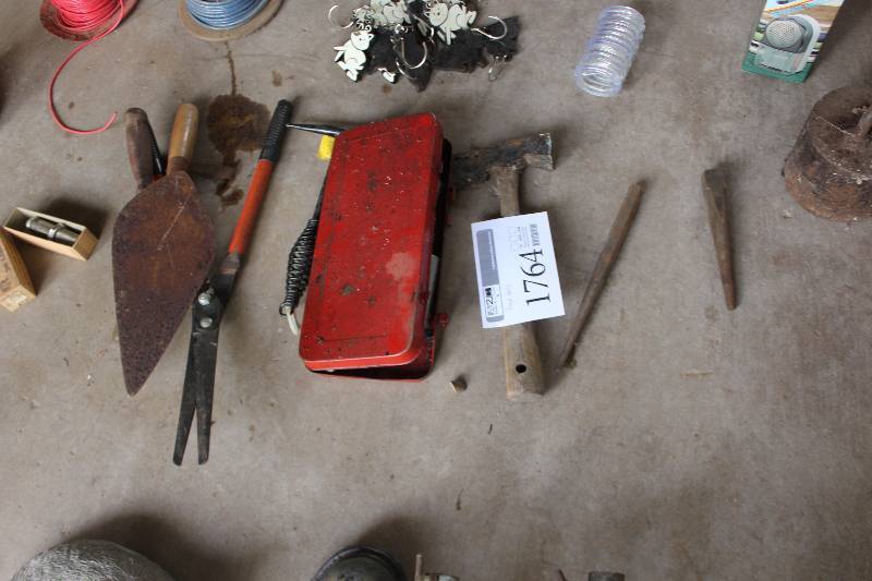 lot 1764 image: Hand Tools Includes Hammer, Trowel, Hedge Trimmer, Spikes, And More