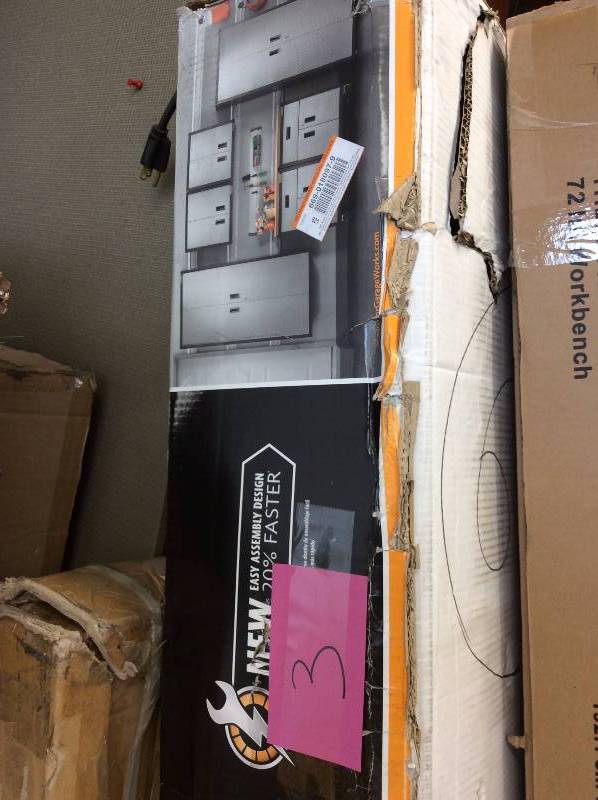lot 3 image: Gladiator Ready-to-Assemble 72 in. H x 36 in. W x 18 in. D Steel Freestanding Garage Cabinet in Silver Tread Model#  GALG36KDYG  open box never used