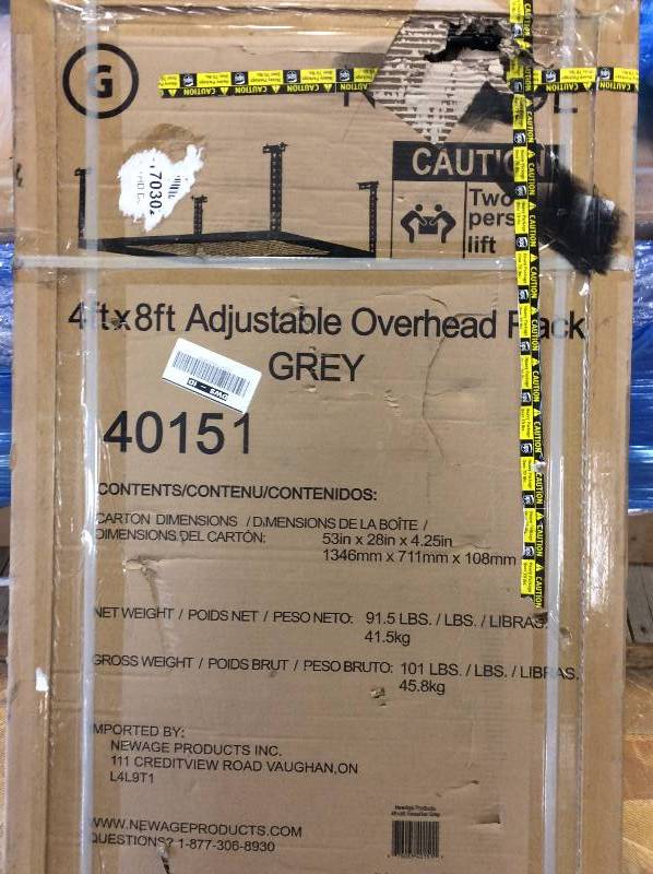 lot 5 image: NewAge Products Performance 96 in. L x 48 in. W x 42 in. H Adjustable VersaRac Ceiling Storage Rack in Gray open box never used