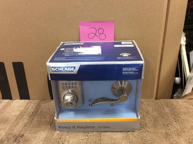 lot 28 image: Schlage Camelot Satin Nickel Keypad Combo Pack with Accent Lever open box never used