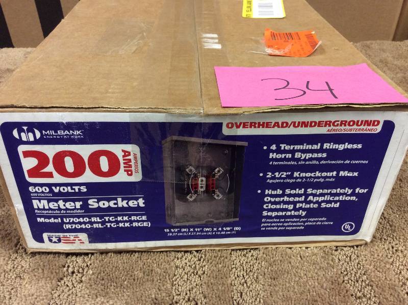 lot 34 image: Milbank 200 Amp 4 Terminal Ringless OverheadUnderground Meter Socket open box never used