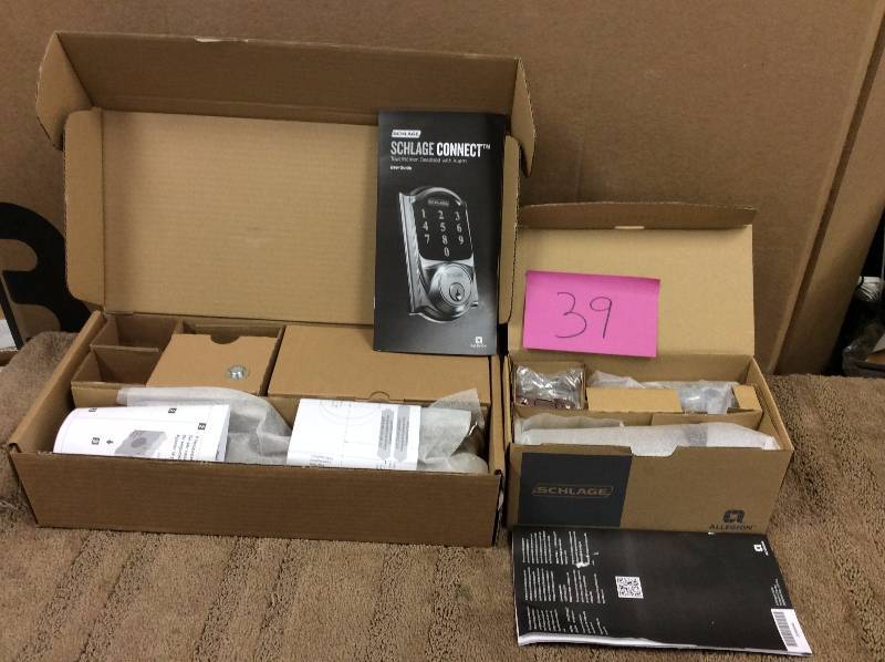 lot 39 image: Schlage Sense Smart Deadbolt Satin Nickel with Camelot Handleset and Georgian Knob  open box never used