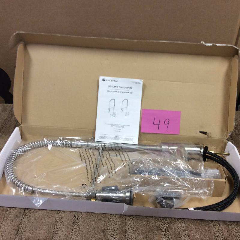 lot 49 image: Glacier Bay 1200 Series Single-Handle Pull-Down Sprayer Kitchen Faucet in Stainless Steel open box never used
