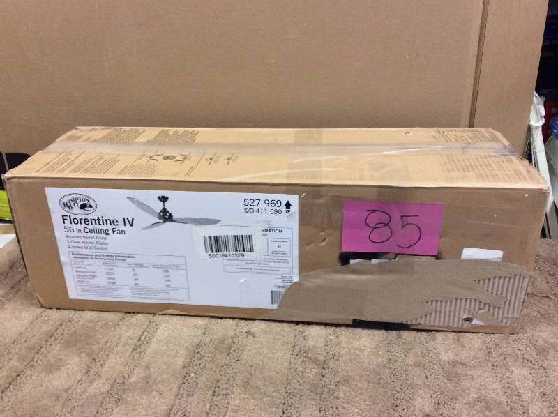 lot 85 image: Hampton Bay Florentine IV 56 in. Brushed Nickel Ceiling Fan 527969 open box not used