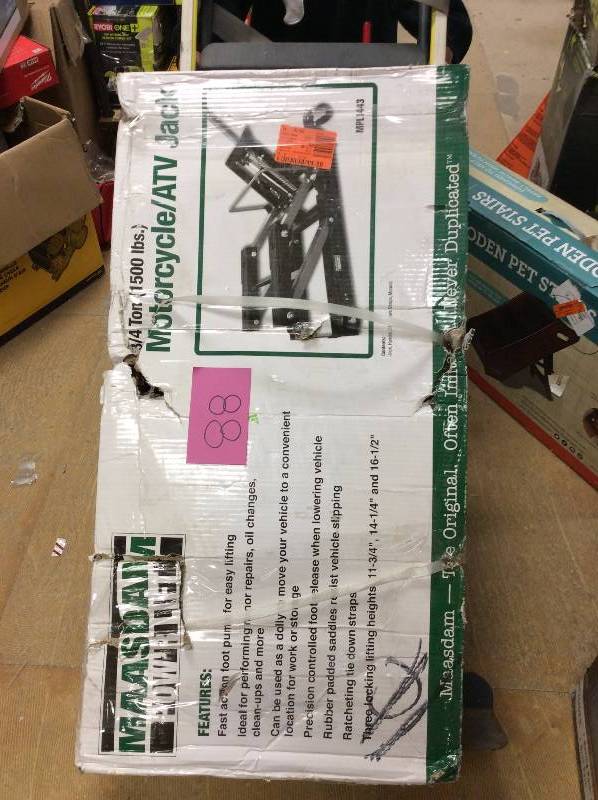 lot 88 image: 34 Ton Capacity MotorcycleATV Jack open box never used