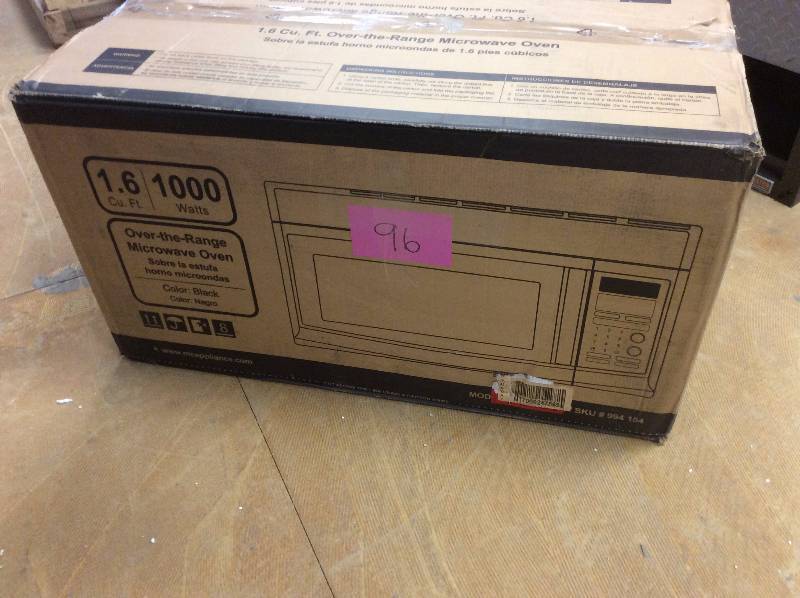 lot 96 image: Magic Chef 1.6 cu. ft. Over the Range Microwave in Black Model#  MCO165UB open box never used